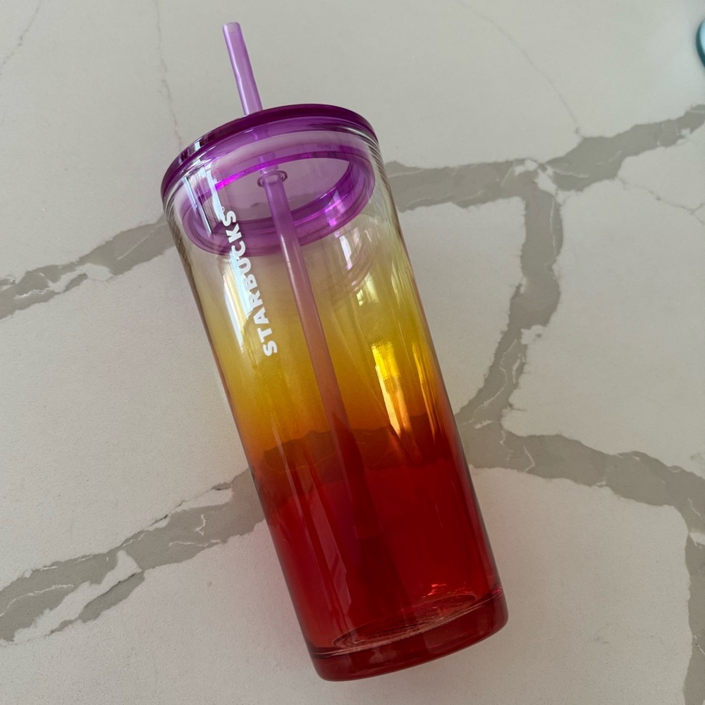 Starbucks Ombre Orange Transparent Glass Cold
Cup Purple Lid Tumbler 18oz